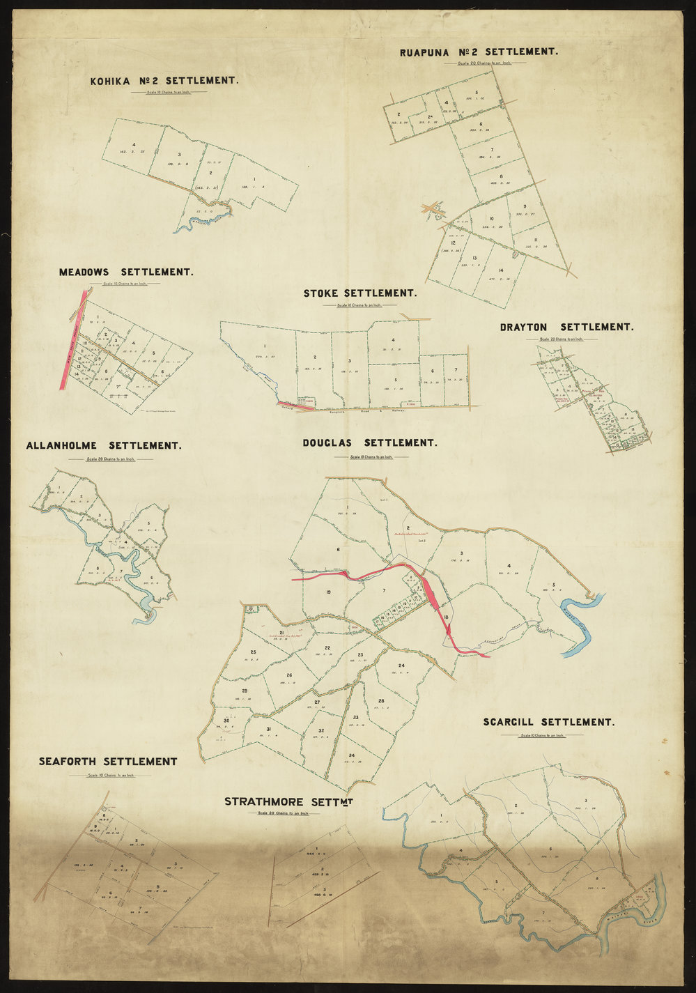 Stoke, Meadows, Kohika No 2, Ruapuna No 2, Strathmore, Seaforth, Scargill, Allandale, Douglas, Drayton Settlements