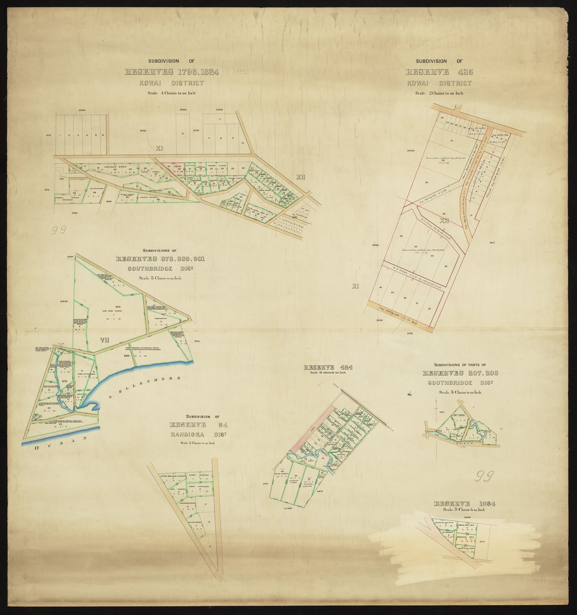 Subdivision of Reserves 1824 &amp; 1798, Reserve 425 Kowhai District, Reserve 878, 889 &amp; 901, Southbridge District, Reserve 424, Reserves 207 &amp; 208 Southbridge District, Reserve 94 Rangiora District, Reserve 1084