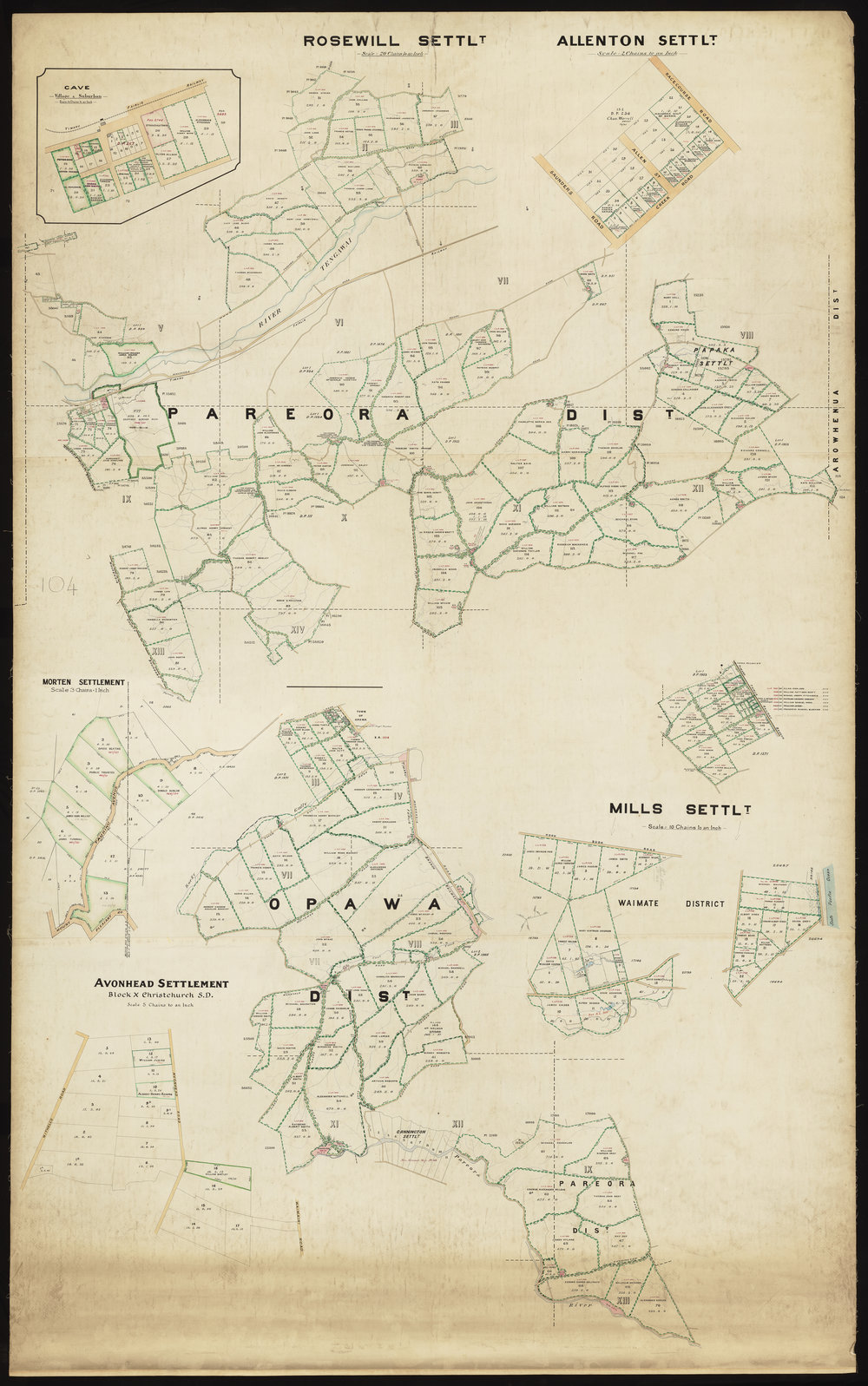 Cave Village &amp; Suburban, Rosewill, Allenton, Mortein, Mills, Avonhead Settlements, Opawa, Pareora Districts