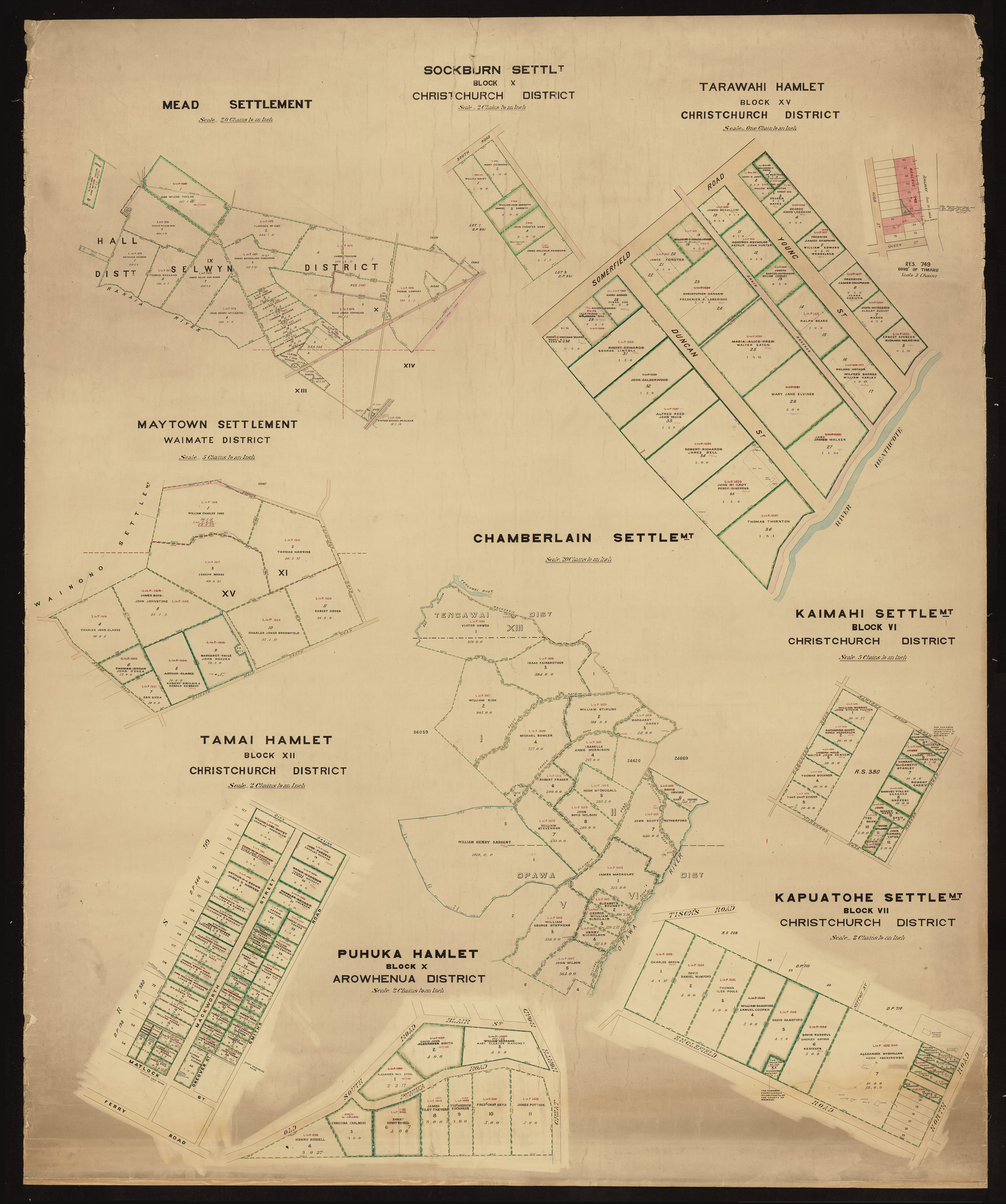 Mead, Sockburn, Tarawhai, Maytown, Chamberlain, Kaimahi, Tamai Hamlet, Puhuka Hamlet, Kapuatohe Settlements