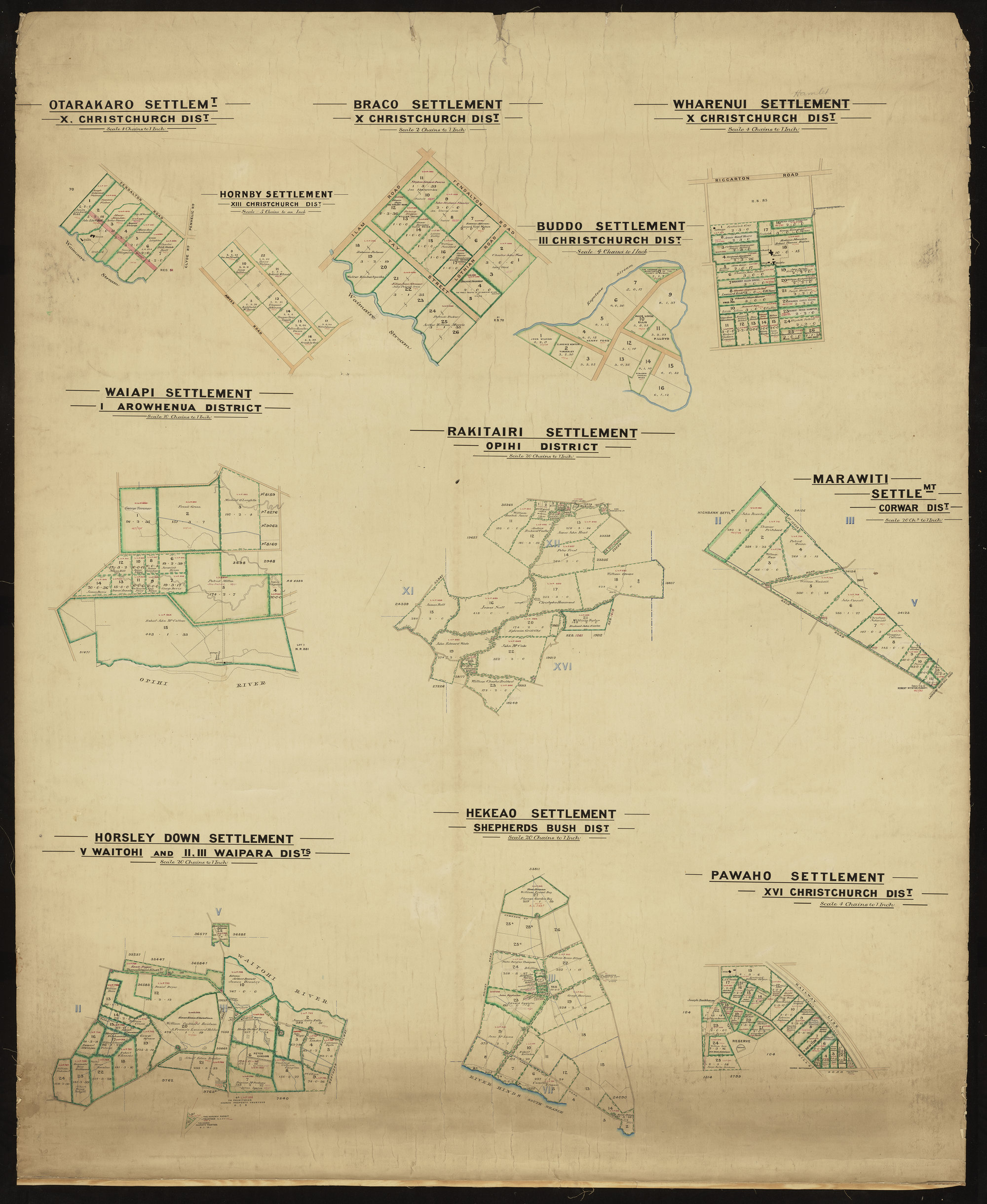 Otarakaro, Braco, Wharenui, Hornby, Buddo, Waiapi, Rakitari, Marawiti, Horsley Downs, Hekeao, Pawhao Settlements