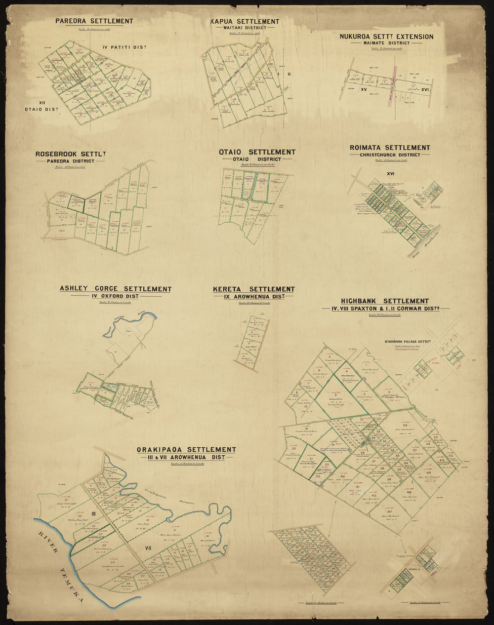 Pareora, Kapua, Nukuroa, Rosebrook, Otaio, Romata, Ashley Gorge, Kereta, Highbank, Orakipaoa Settlements