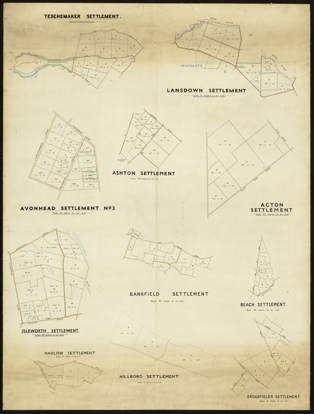 Lansdown, Ashton, Acton, Avonhead No 2, Bankfield, Beach, Isleworth, Hadlow, Hillboro, Broadfields Settlements